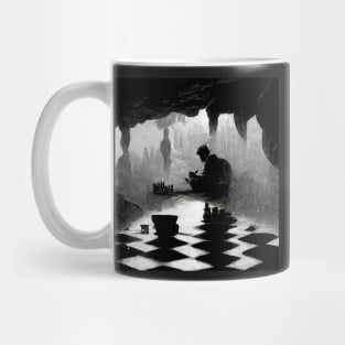 A man playing chess in cave on a rainy day Mug